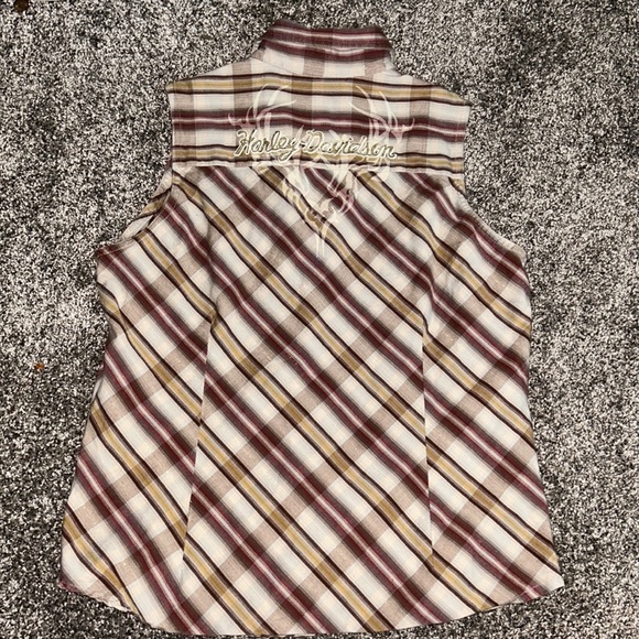 HARLEY DAVIDSON Button Up Sleeveless Red/Brown Plaid Shirt Women's Size L - Picture 3 of 10